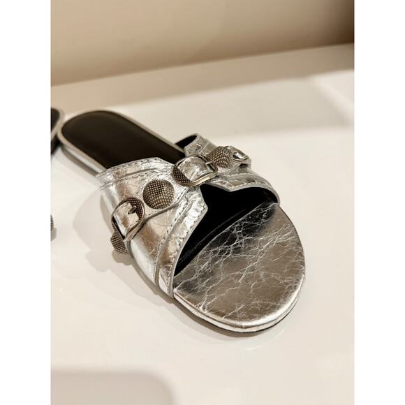 Balenciaga Cagole Embellished Metallic Textured-Leather Flat Sandal Silver EU 38 - Picture 12 of 12